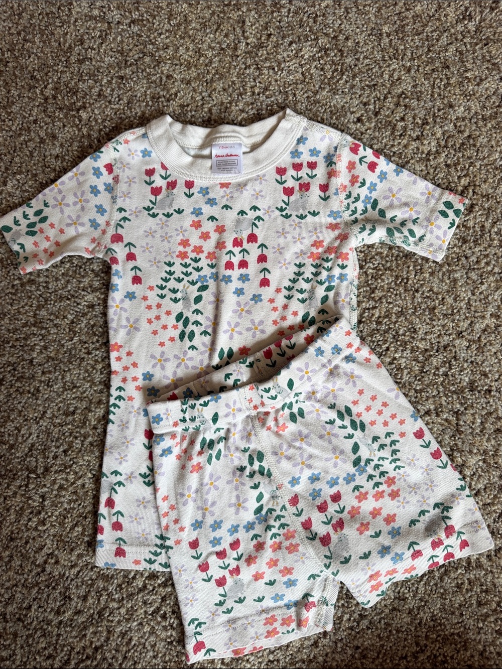 Hanna Andersson Cream Floral Short Pajama Set with Coral, Green & Blue